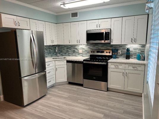 Interior, Kitchen, Stainless Steel Appliances, Wood Texture Flooring