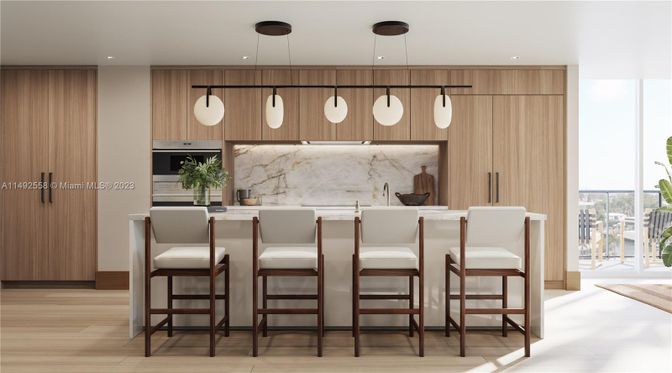 Interior, Kitchen, Marble Walls, Pendant Lights, Recessed Lighting, Wood Texture Flooring