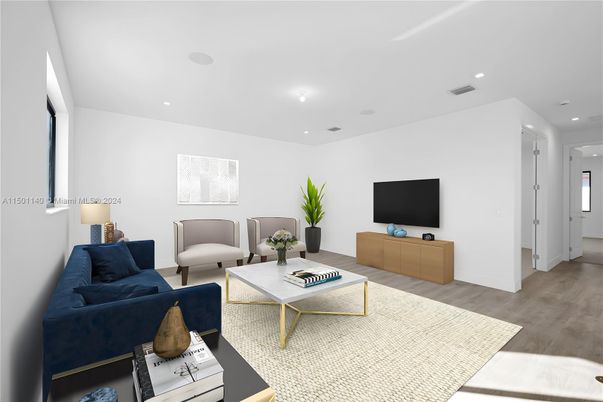 Interior, Living room, Recessed Lighting, Wood Texture Flooring