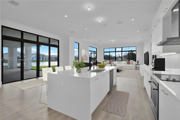 Dining room, Interior, Kitchen, Living room, Recessed Lighting, Wood Texture Flooring