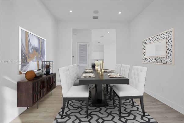Dining room, Interior, Recessed Lighting, Wood Texture Flooring