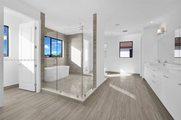 Bathroom, Dual Sink Vanities, Free Standing Baths, Glass Shower, Interior, Recessed Lighting