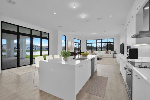 Dining room, Interior, Kitchen, Living room, Recessed Lighting, Wood Texture Flooring