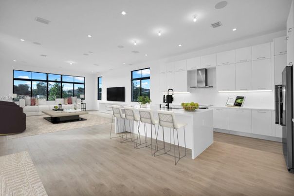 Interior, Kitchen, Living room, Recessed Lighting, Stainless Steel Appliances, Wood Texture Flooring