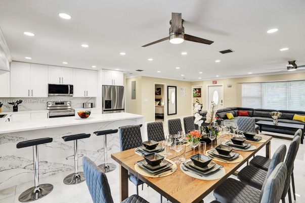Dining room, Interior, Kitchen, Living room, Recessed Lighting, Stainless Steel Appliances