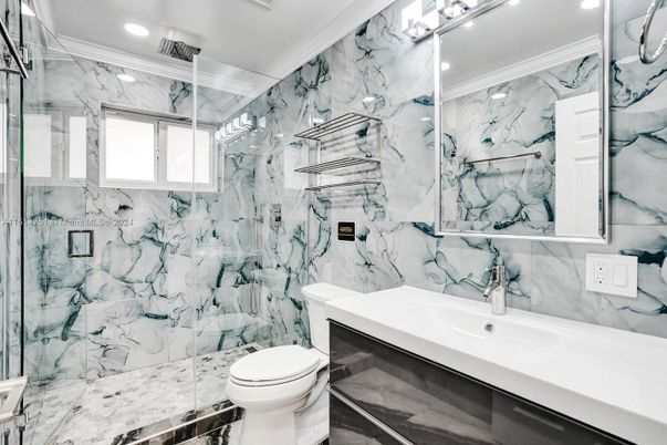 Bathroom, Glass Shower, Interior, Marble Walls, Recessed Lighting