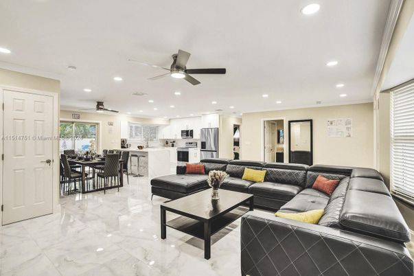 Dining room, Interior, Kitchen, Living room, Marble, Recessed Lighting, Stainless Steel Appliances