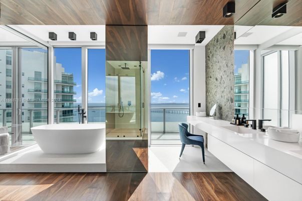 Bathroom, Free Standing Baths, Interior, Water, Wooden Ceilings, Wood Texture Flooring