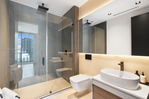 Bathroom, Glass Shower, Interior, Recessed Lighting, Wood Texture Flooring