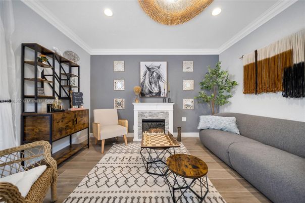 Fireplace, Interior, Living room, Recessed Lighting, Wood Texture Flooring
