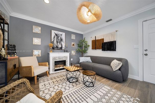 Fireplace, Interior, Living room, Recessed Lighting, Wood Texture Flooring