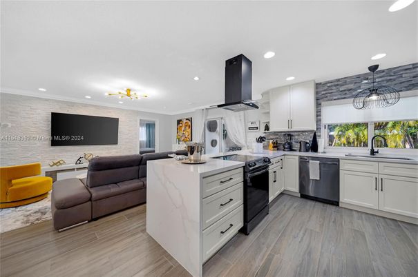 Interior, Kitchen, Living room, Pendant Lights, Recessed Lighting, Stainless Steel Appliances, Wood Texture Flooring