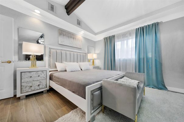 Bedroom, Interior, Recessed Lighting, Wooden Beams, Wood Texture Flooring