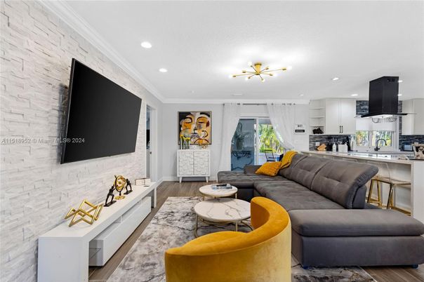 Interior, Kitchen, Living room, Pendant Lights, Recessed Lighting, Stone Walls, Wood Texture Flooring