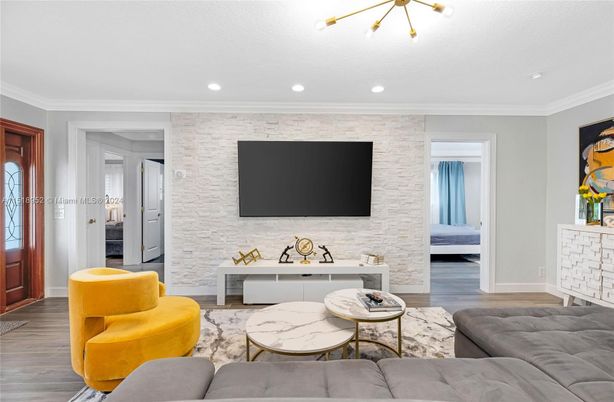 Interior, Living room, Recessed Lighting, Stone Walls, Wood Texture Flooring
