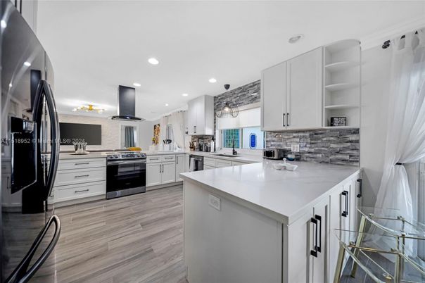 Interior, Kitchen, Pendant Lights, Recessed Lighting, Wood Texture Flooring