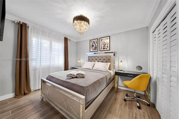 Bedroom, Chandelier, Home Office, Interior, Wood Texture Flooring
