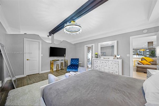 Bedroom, Chandelier, Interior, Wood Texture Flooring