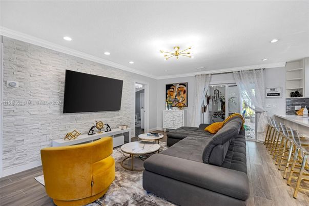 Interior, Living room, Recessed Lighting, Stone Walls, Wood Texture Flooring