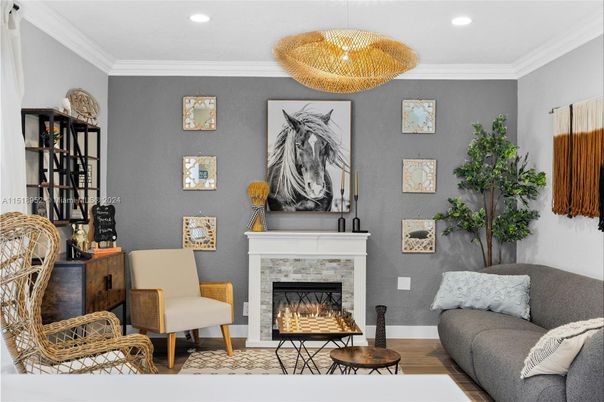 Fireplace, Interior, Living room, Pendant Lights, Recessed Lighting, Wood Texture Flooring