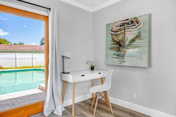 Home Office, Interior, Pool, Recessed Lighting, Wood Texture Flooring