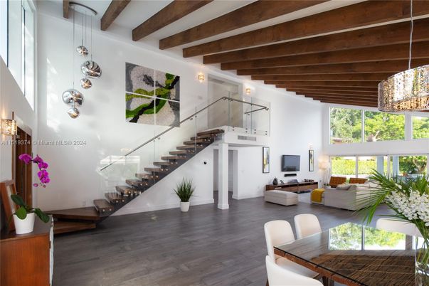 Interior, Living room, Pendant Lights, Wooden Beams, Wood Texture Flooring