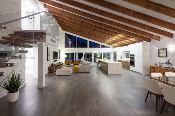 Dining room, Interior, Living room, Pendant Lights, Wooden Beams, Wood Texture Flooring