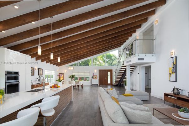 Interior, Kitchen, Pendant Lights, Recessed Lighting, Stainless Steel Appliances, Wooden Beams, Wood Texture Flooring