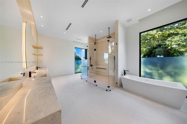 Bathroom, Free Standing Baths, Glass Shower, Interior, Recessed Lighting