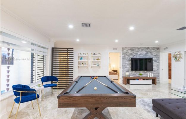 Billiard Table, Game Room, Interior, Recessed Lighting, Stone Walls