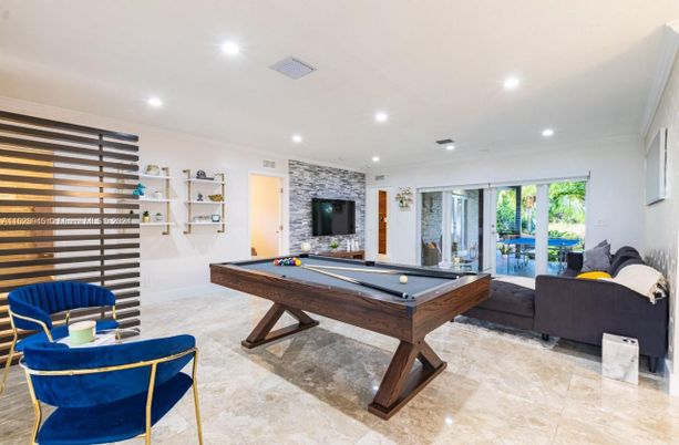 Billiard Table, Game Room, Interior, Living room, Recessed Lighting, Stone Walls