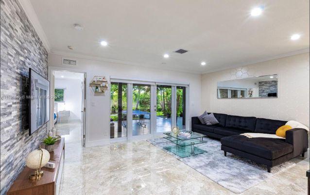 Interior, Living room, Recessed Lighting, Stone Walls