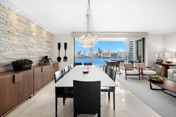 Dining room, Interior, Living room, Pendant Lights, Recessed Lighting, Stone Walls, Water