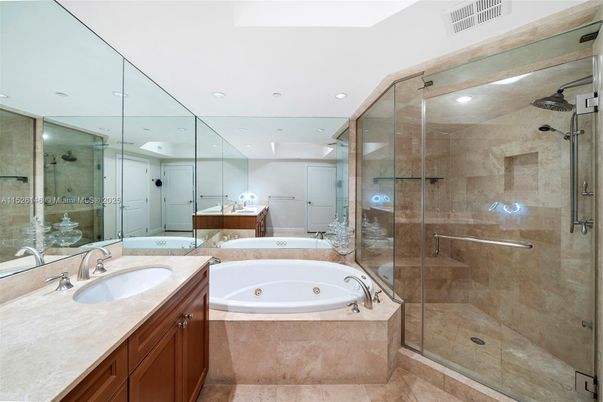 Bathroom, Dual Sink Vanities, Glass Shower, Interior, Recessed Lighting
