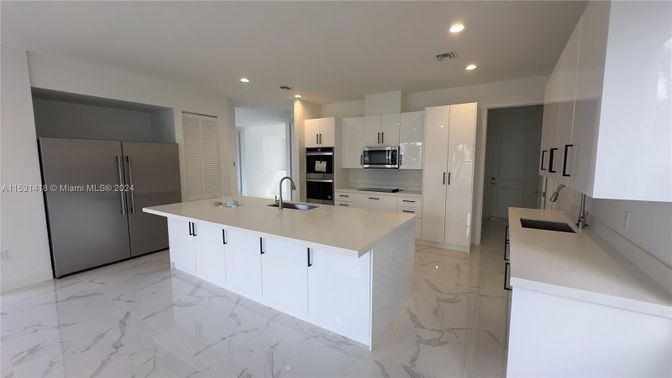 Interior, Kitchen, Marble, Recessed Lighting, Stainless Steel Appliances