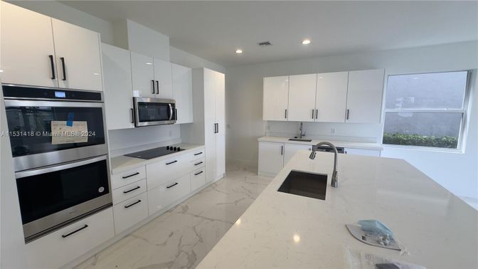 Interior, Kitchen, Marble, Recessed Lighting, Stainless Steel Appliances