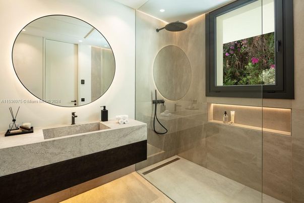 Bathroom, Glass Shower, Interior, Recessed Lighting, Wood Texture Flooring