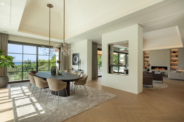 Dining room, Fireplace, Interior, Living room, Pendant Lights, Recessed Lighting, Wood Texture Flooring