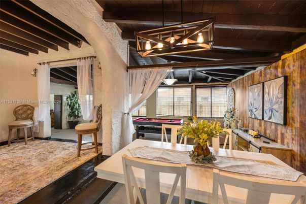 Billiard Table, Dining room, Game Room, Interior, Pendant Lights, Wooden Beams