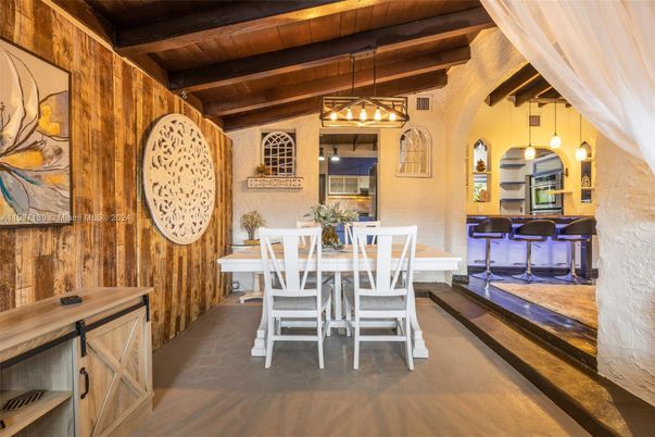 Dining room, Interior, Pendant Lights, Wooden Beams, Wooden Ceilings, Wood Texture Flooring
