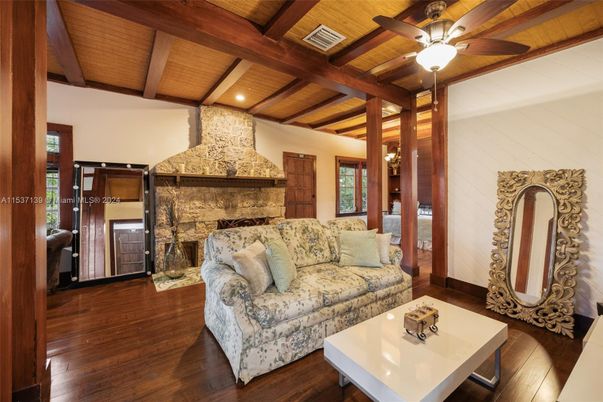 Fireplace, Interior, Living room, Recessed Lighting, Stone Walls, Wooden Beams, Wooden Ceilings, Wood Texture Flooring