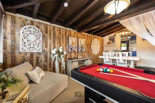 Billiard Table, Game Room, Interior, Wooden Beams, Wooden Walls