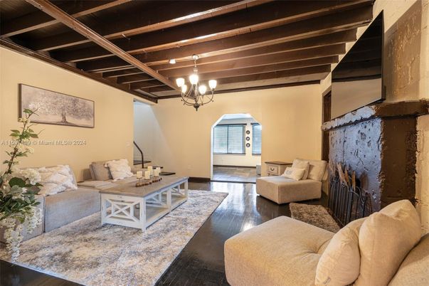 Chandelier, Interior, Living room, Wooden Beams, Wood Texture Flooring