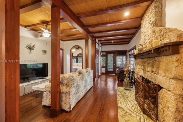 Fireplace, Interior, Living room, Recessed Lighting, Stone Walls, Wooden Beams, Wooden Ceilings, Wood Texture Flooring