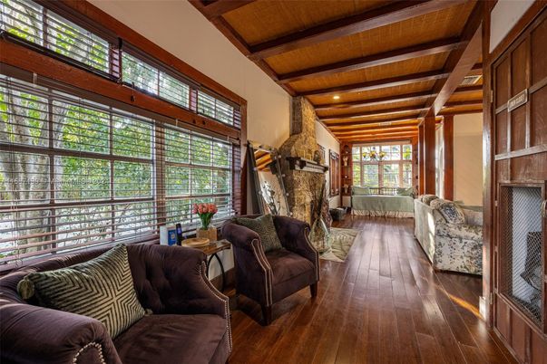 Interior, Living room, Recessed Lighting, Stone Walls, Wooden Beams, Wooden Ceilings, Wood Texture Flooring