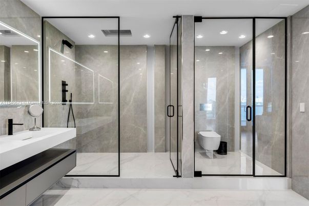 Bathroom, Glass Shower, Interior, Marble, Recessed Lighting