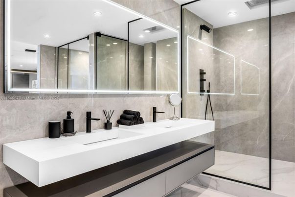 Bathroom, Dual Sink Vanities, Glass Shower, Interior, Marble, Recessed Lighting