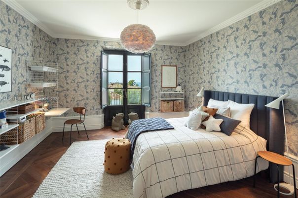 Bedroom, Interior, Pendant Lights, Wood Texture Flooring