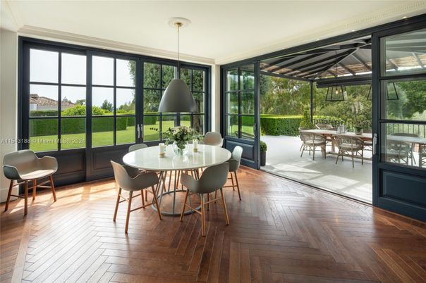 Dining room, Interior, Pendant Lights, Sun Room, Wood Texture Flooring