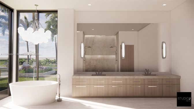 Bathroom, Dual Sink Vanities, Free Standing Baths, Interior, Marble Walls, Recessed Lighting